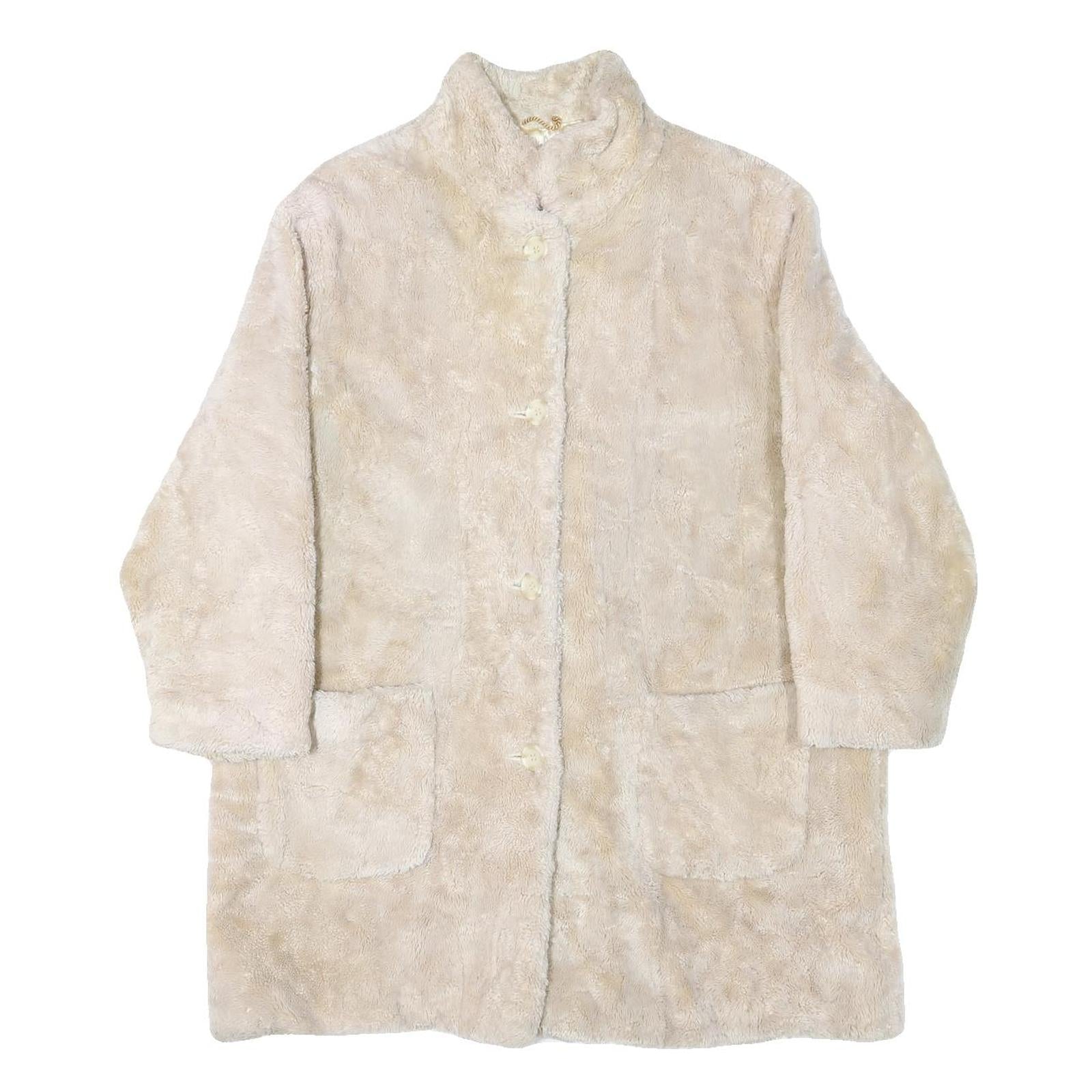 Womens Cream Button Jacket L Polyester Blend Plain Faux Fur Button Closure