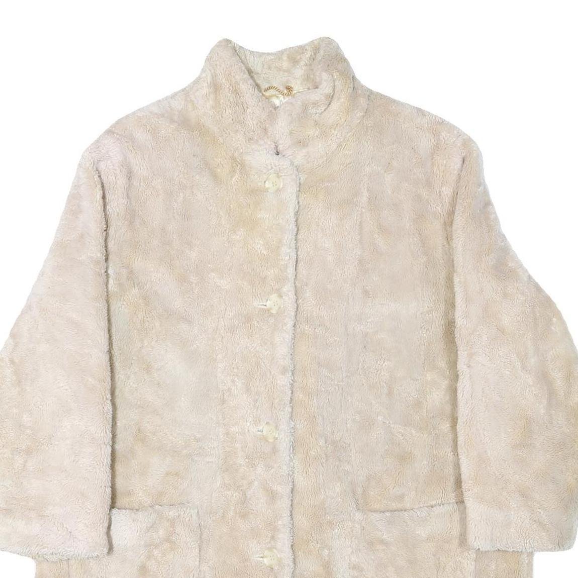 Womens Cream Button Jacket L Polyester Blend Plain Faux Fur Button Closure