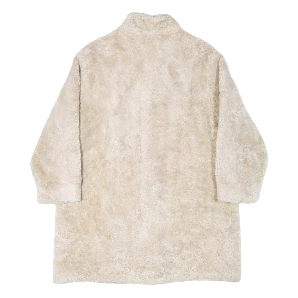 Womens Cream Button Jacket L Polyester Blend Plain Faux Fur Button Closure