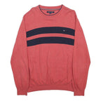 TOMMY HILFIGER Mens Red & Navy Patterned Cotton Jumper Crew Neck Basic Knit L
