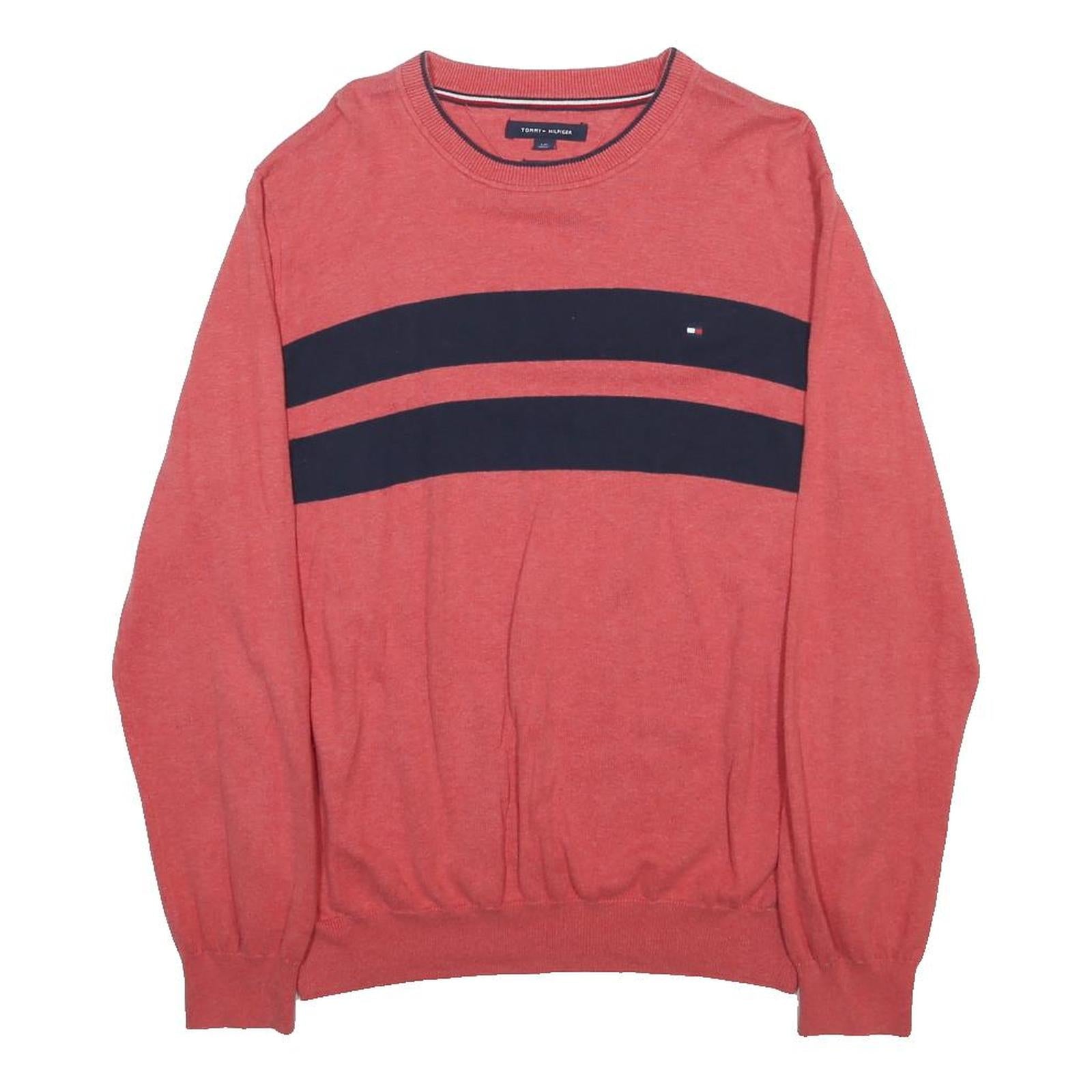TOMMY HILFIGER Mens Red & Navy Patterned Cotton Jumper Crew Neck Basic Knit L