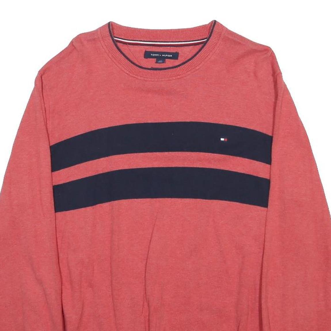 TOMMY HILFIGER Mens Red & Navy Patterned Cotton Jumper Crew Neck Basic Knit L