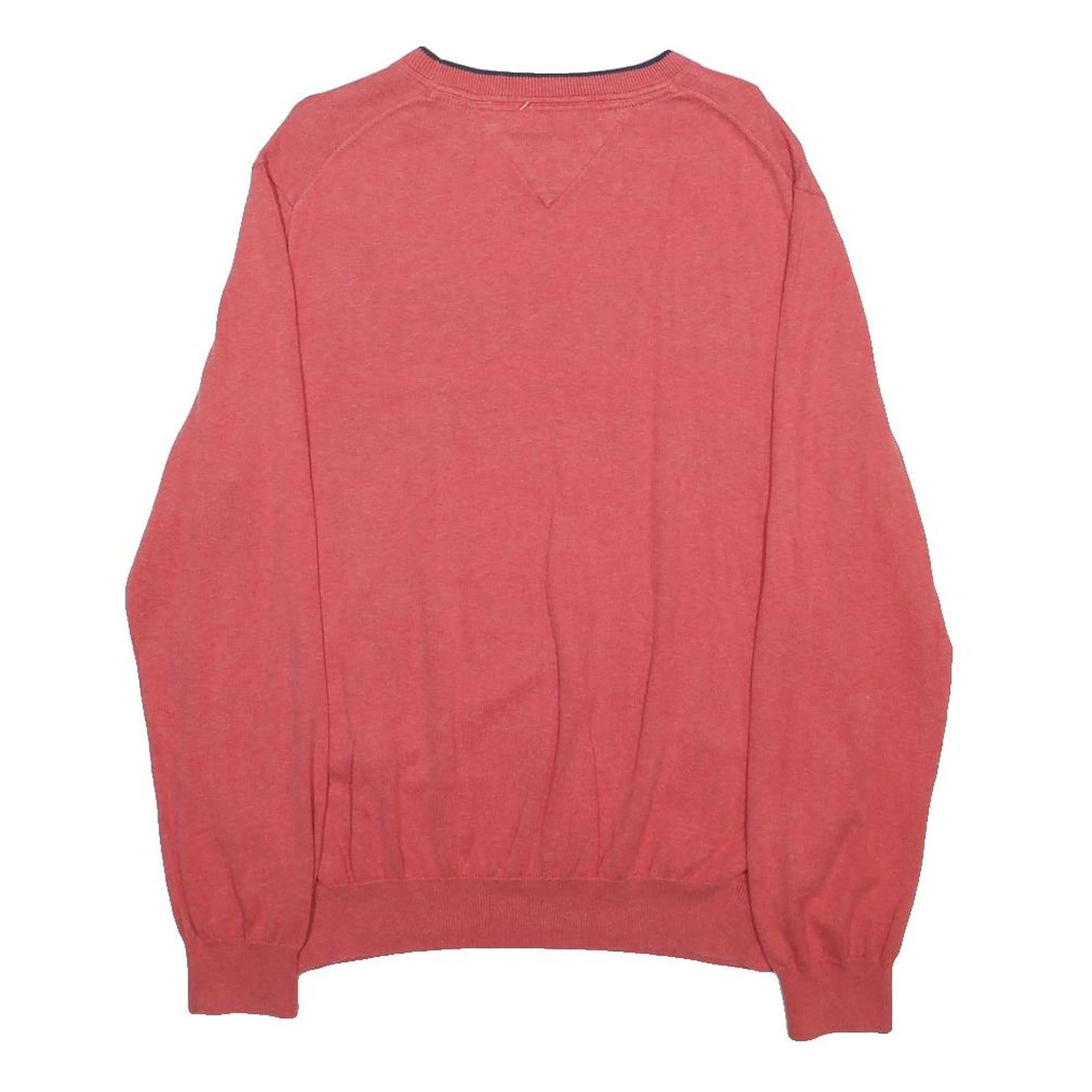 TOMMY HILFIGER Mens Red & Navy Patterned Cotton Jumper Crew Neck Basic Knit L