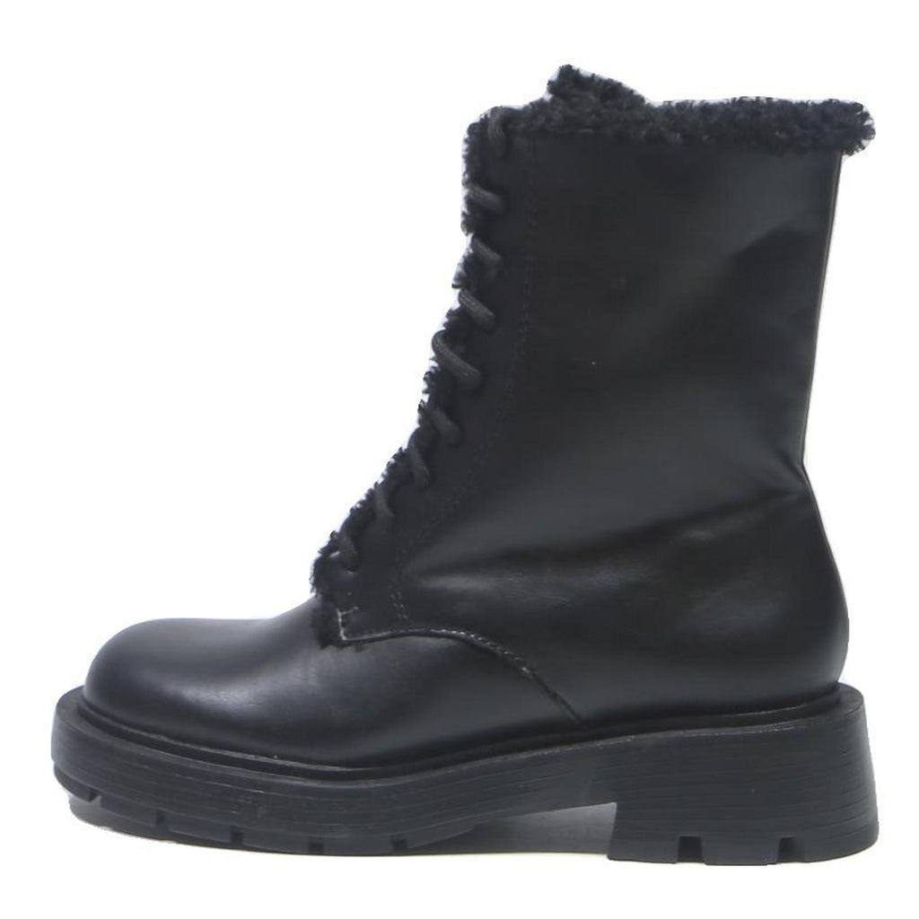 CHARLES & KEITH Womens Black Fur Trim Leather Lace-Up Ankle Boots UK 4