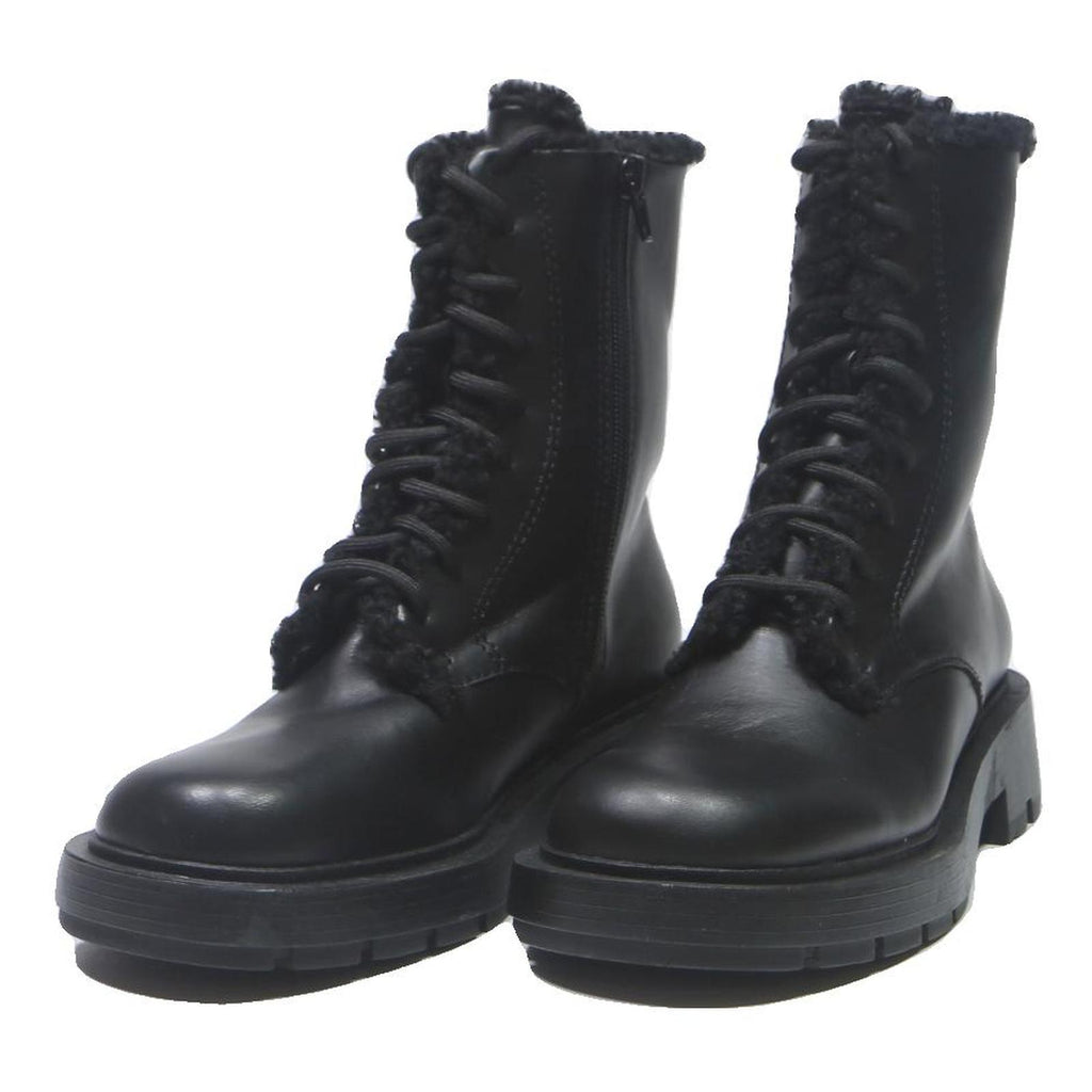 CHARLES & KEITH Womens Black Fur Trim Leather Lace-Up Ankle Boots UK 4