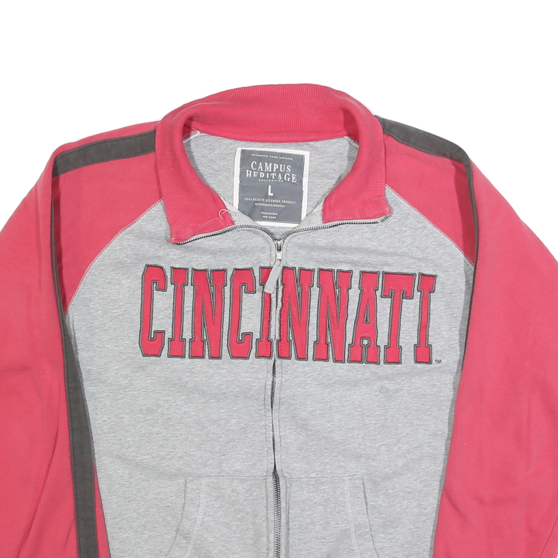 CAMPUS HERITAGE Mens Grey & Red Cincinnati Track Jacket L Cotton Blend Jersey