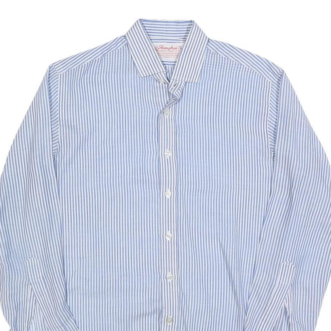 SHANGHAI Mens Blue & White Stripe Shirt S Classic Cotton Blend Long Sleeve