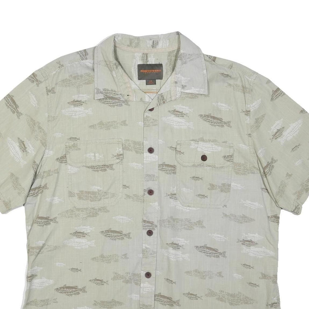 NORTHWEST TERRITORY Mens Beige & Brown Cotton Blend Short Sleeve Shirt L Casual