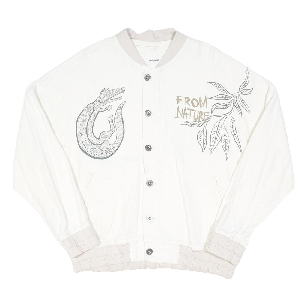 DESIGUAL Mens White Cotton Button Jacket M Plain Nature Print Casual Stylish