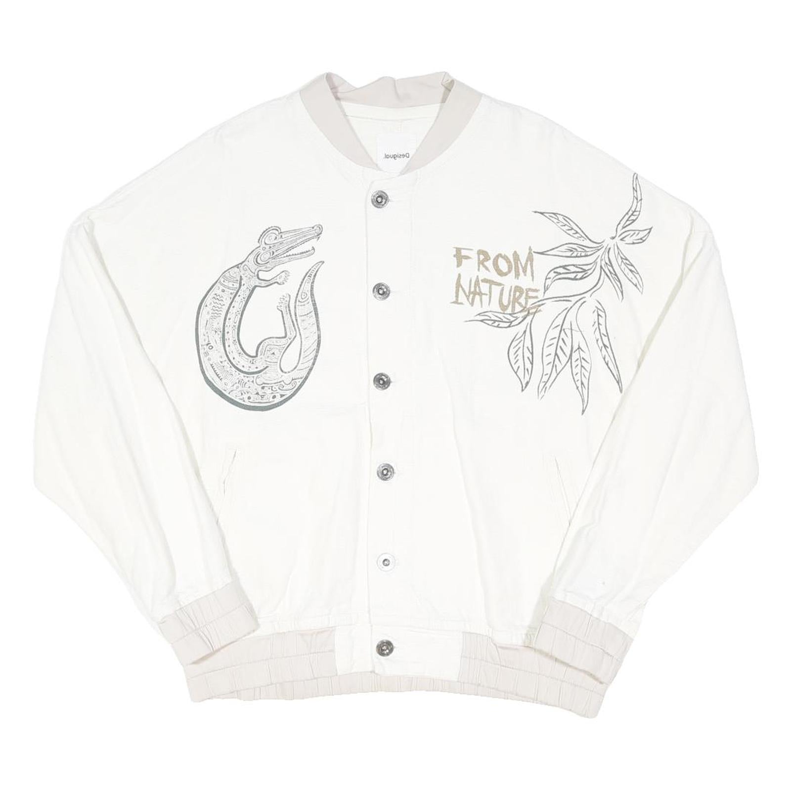 DESIGUAL Mens White Cotton Button Jacket M Plain Nature Print Casual Stylish