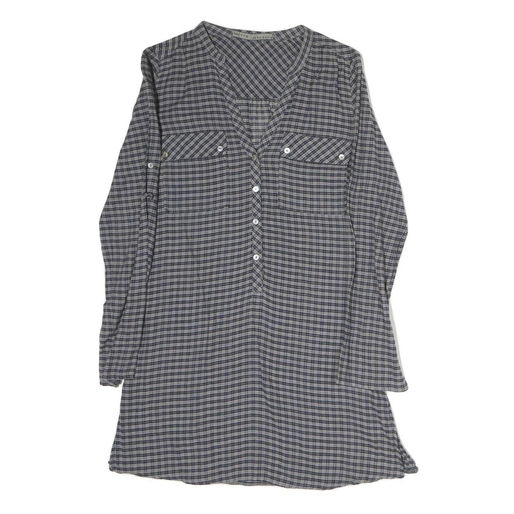 ZARA Womens Grey Blue Check Basic Shirt Long Sleeve V-Neck S Cotton Blend Casual