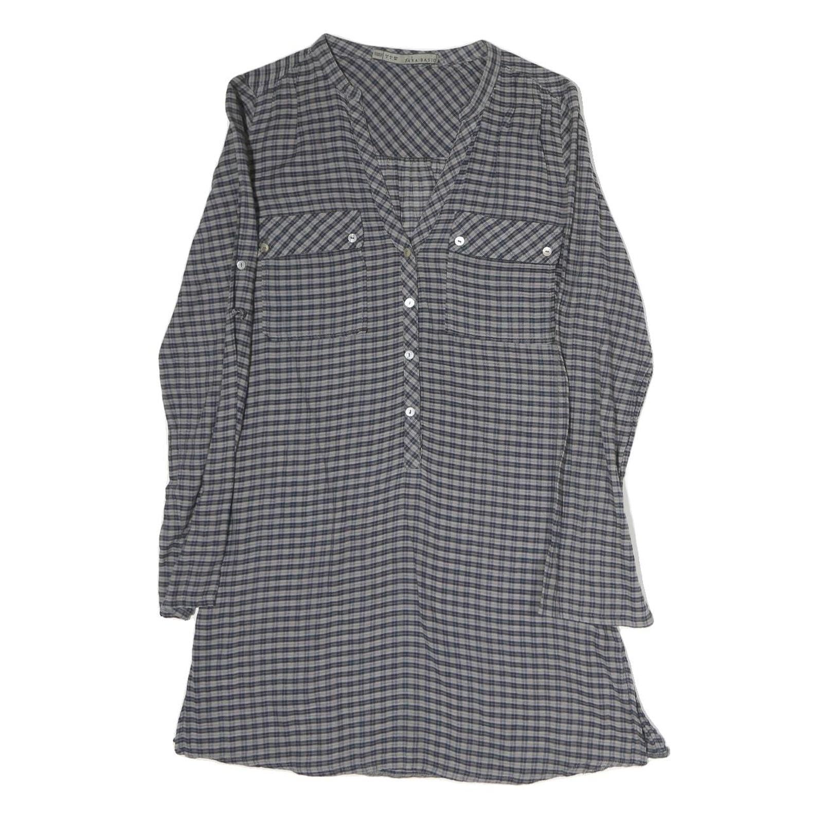 ZARA Womens Grey Blue Check Basic Shirt Long Sleeve V-Neck S Cotton Blend Casual
