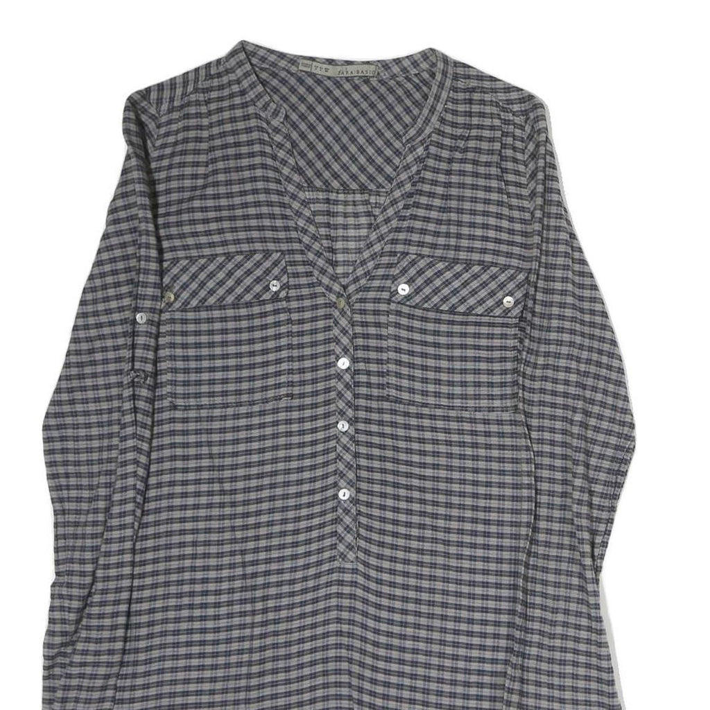ZARA Womens Grey Blue Check Basic Shirt Long Sleeve V-Neck S Cotton Blend Casual