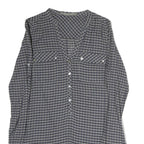 ZARA Womens Grey Blue Check Basic Shirt Long Sleeve V-Neck S Cotton Blend Casual