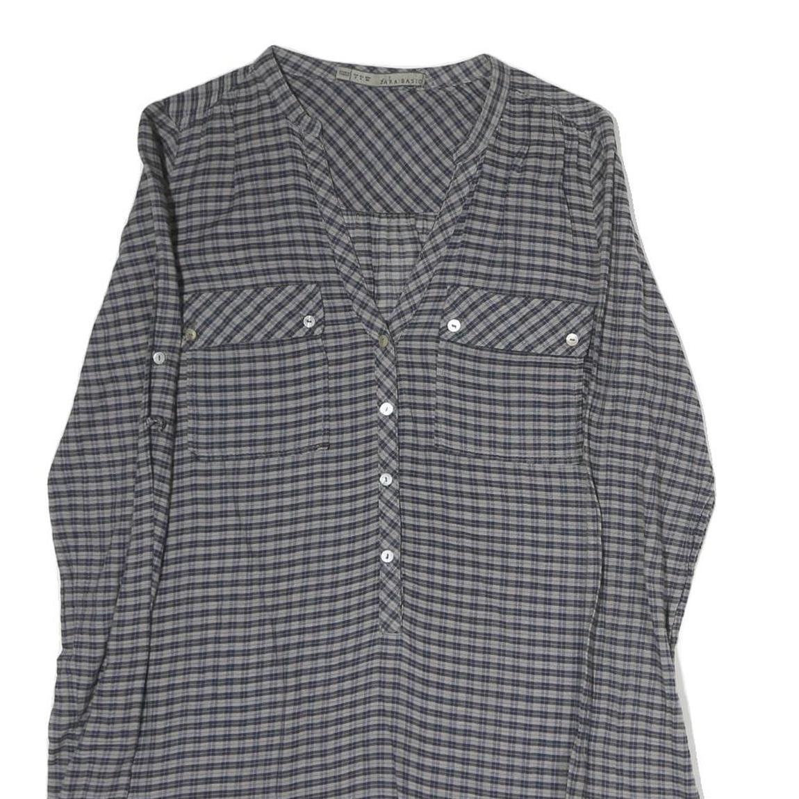ZARA Womens Grey Blue Check Basic Shirt Long Sleeve V-Neck S Cotton Blend Casual