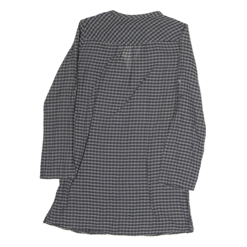 ZARA Womens Grey Blue Check Basic Shirt Long Sleeve V-Neck S Cotton Blend Casual