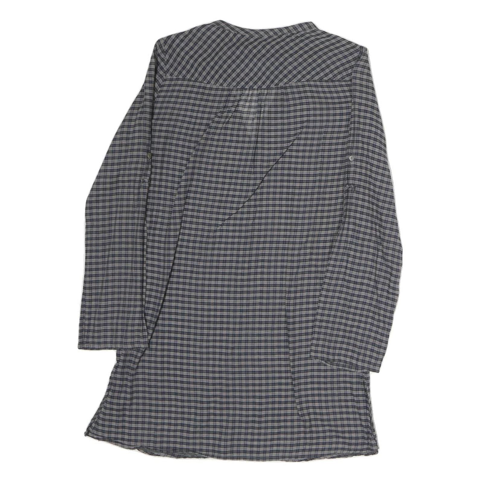 ZARA Womens Grey Blue Check Basic Shirt Long Sleeve V-Neck S Cotton Blend Casual
