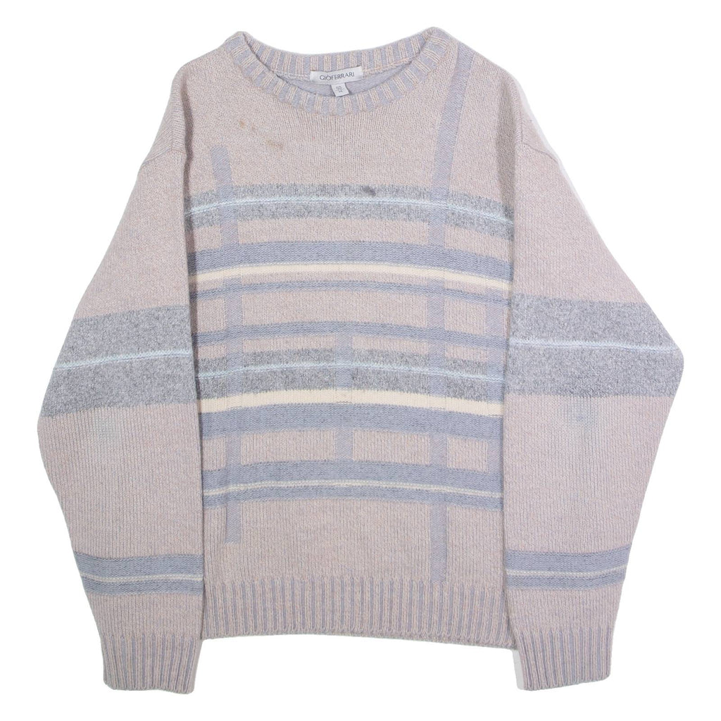 GIOFERRARI Mens Patterned Jumper Beige Striped Crew Neck Tight Knit Wool M