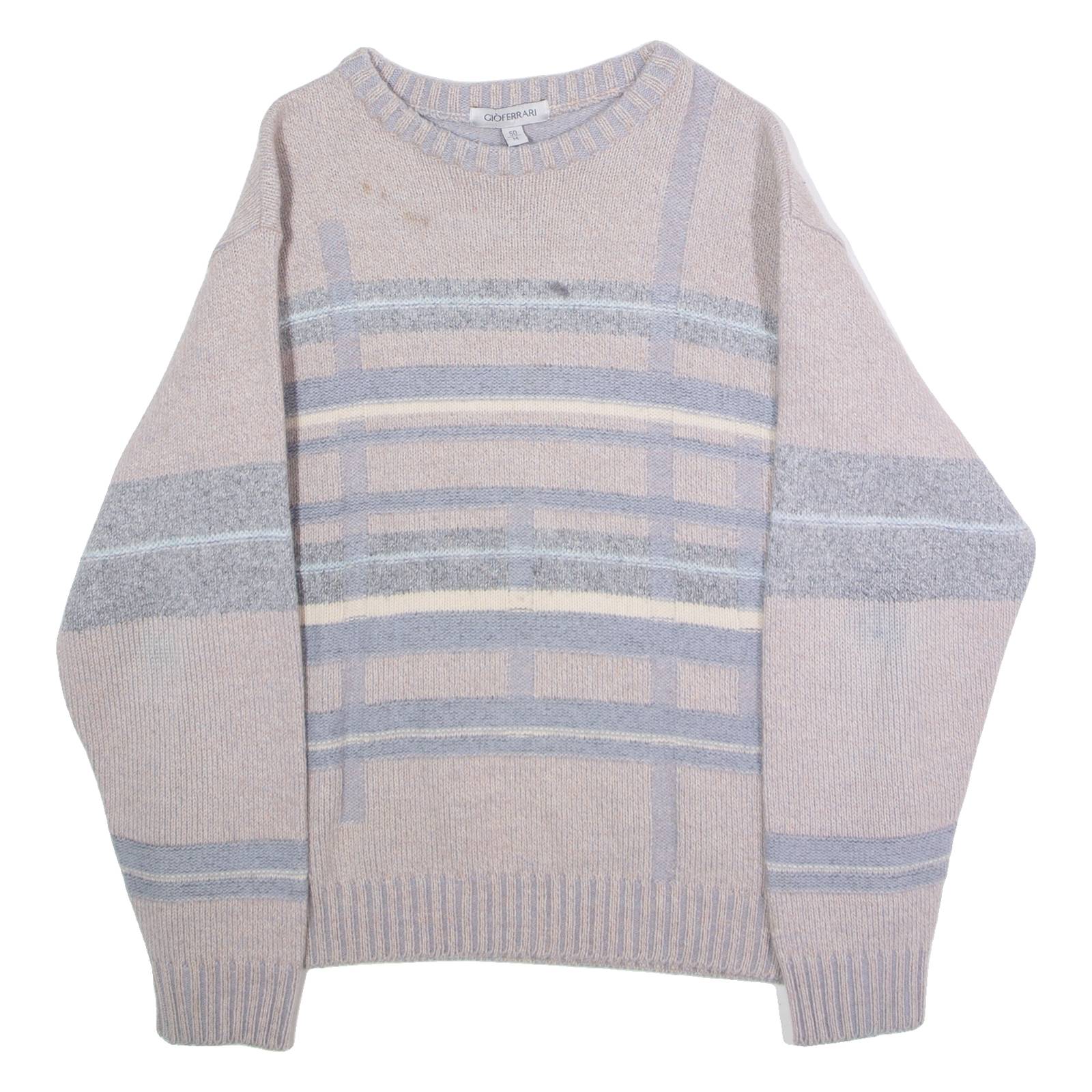GIOFERRARI Mens Patterned Jumper Beige Striped Crew Neck Tight Knit Wool M
