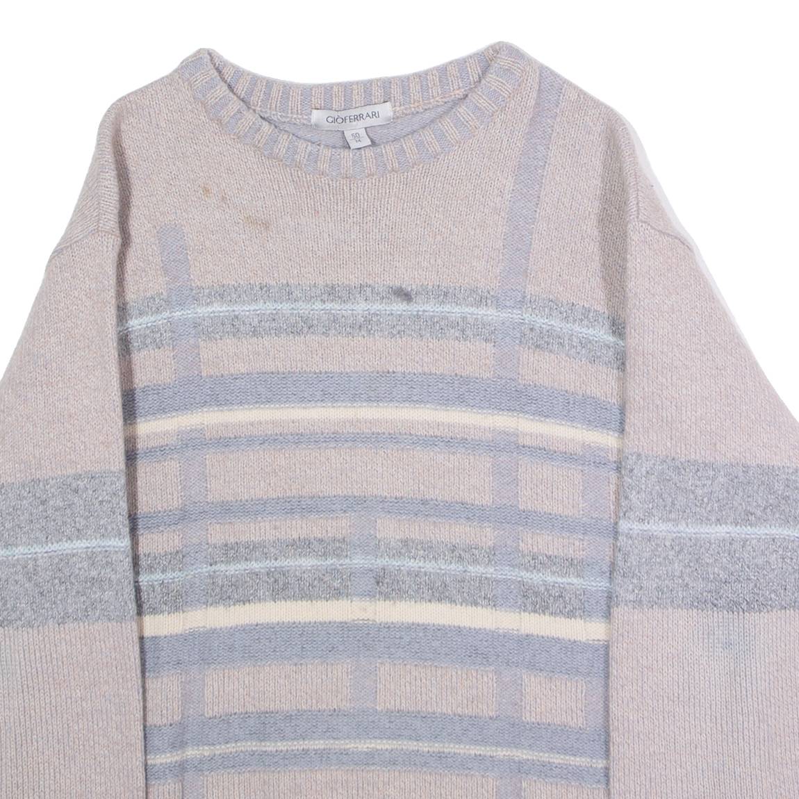 GIOFERRARI Mens Patterned Jumper Beige Striped Crew Neck Tight Knit Wool M