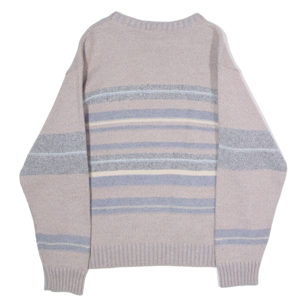 GIOFERRARI Mens Patterned Jumper Beige Striped Crew Neck Tight Knit Wool M