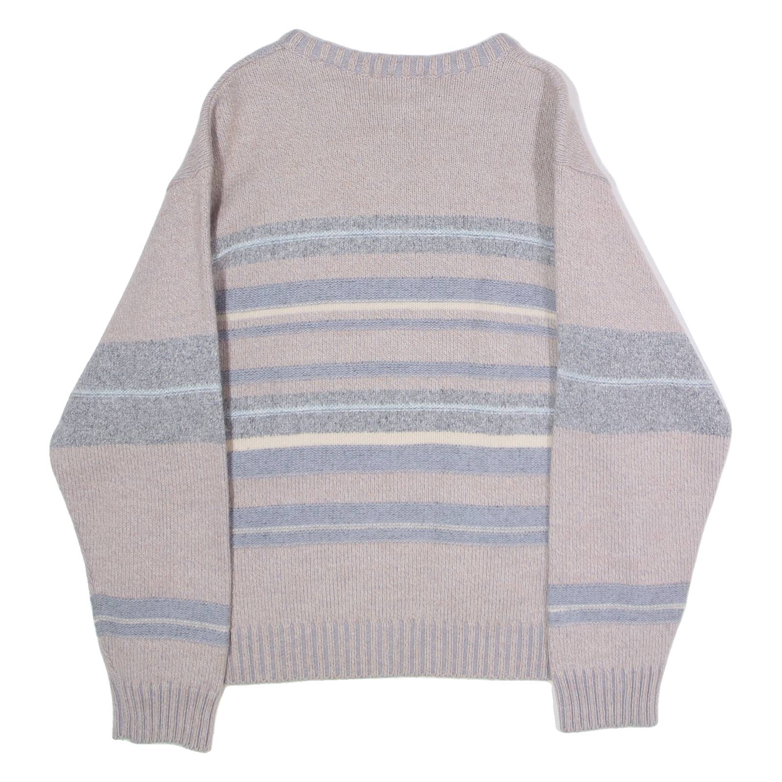 GIOFERRARI Mens Patterned Jumper Beige Striped Crew Neck Tight Knit Wool M