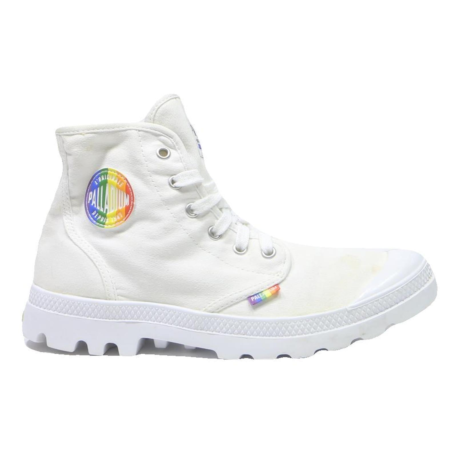 PALLADIUM Womens High Top Boots Canvas White UK 7 Rainbow Logo Casual Footwear