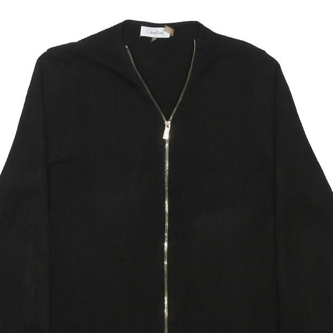 CALVIN KLEIN Womens Black Plain Pullover Jumpers Crew Neck Tight Knit M Zip