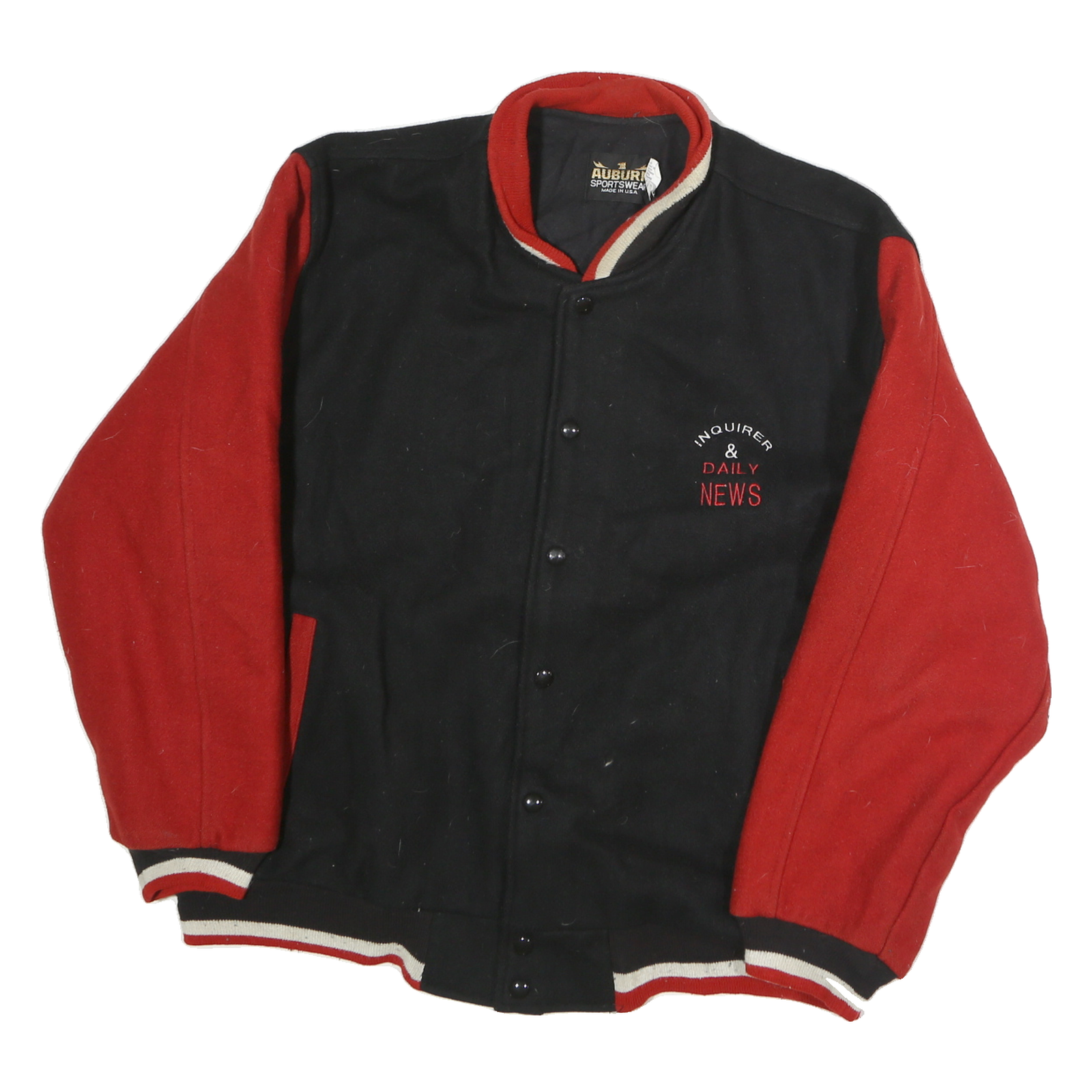 AUBURN Mens Black & Red Button Cotton Varsity Jacket XL Sportswear Classic Fit