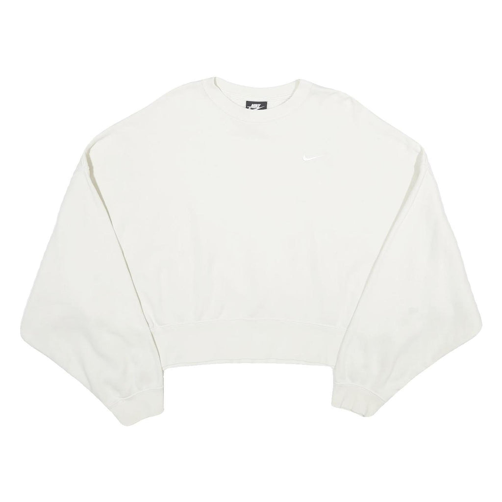 NIKE Womens White Cropped Crew Neck Sweatshirt L Cotton Blend Pullover Casual