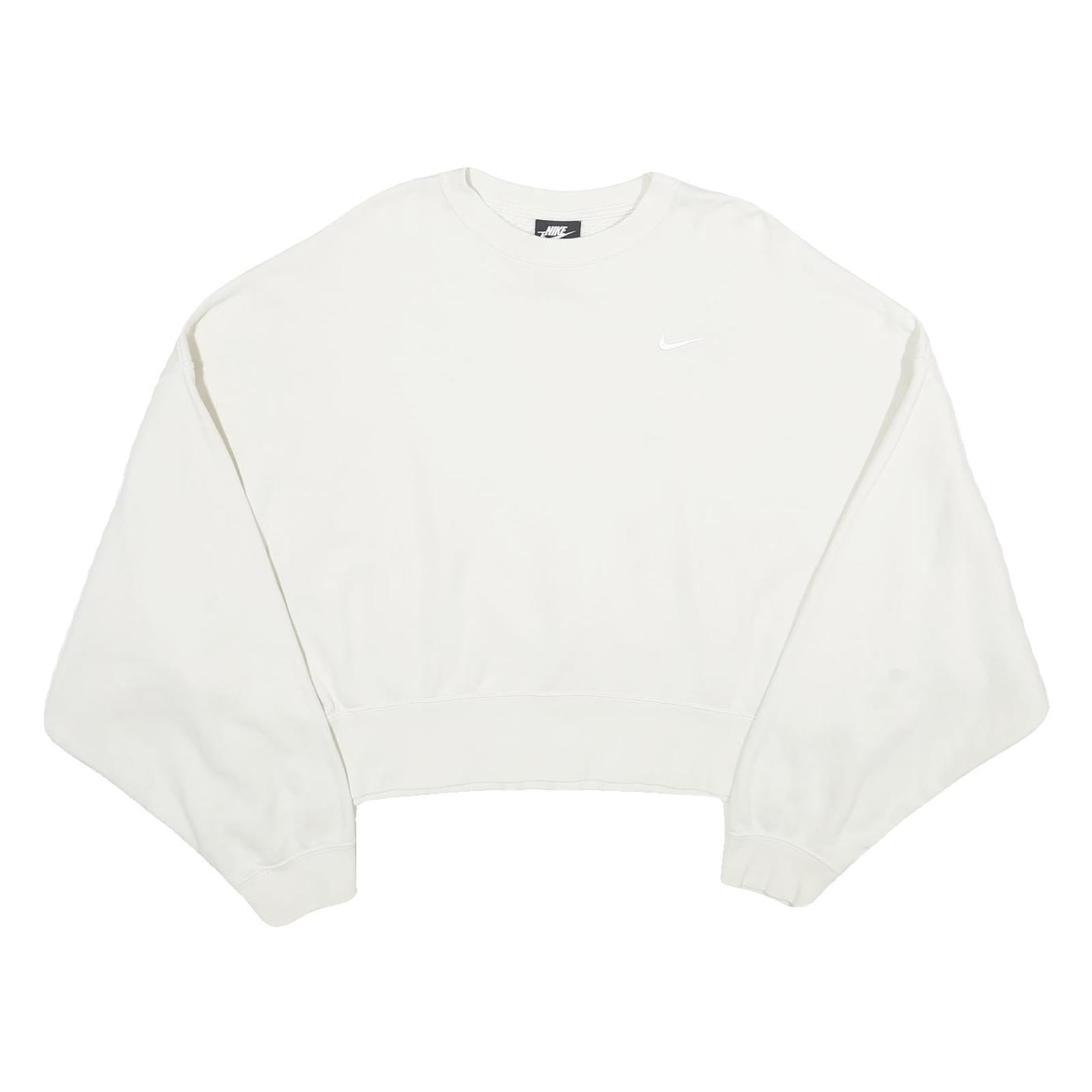 NIKE Womens White Cropped Crew Neck Sweatshirt L Cotton Blend Pullover Casual