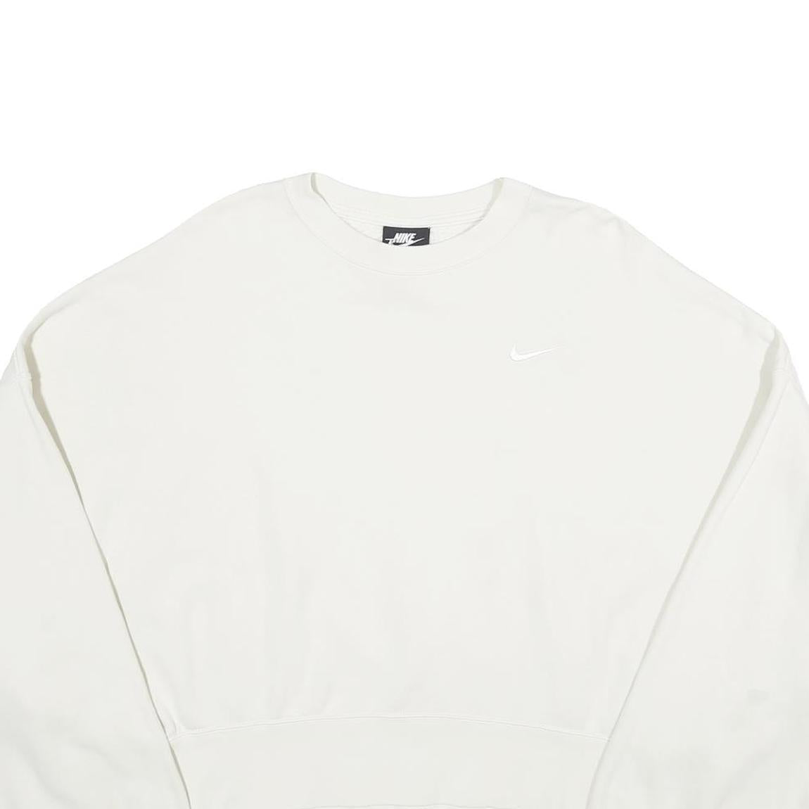 NIKE Womens White Cropped Crew Neck Sweatshirt L Cotton Blend Pullover Casual