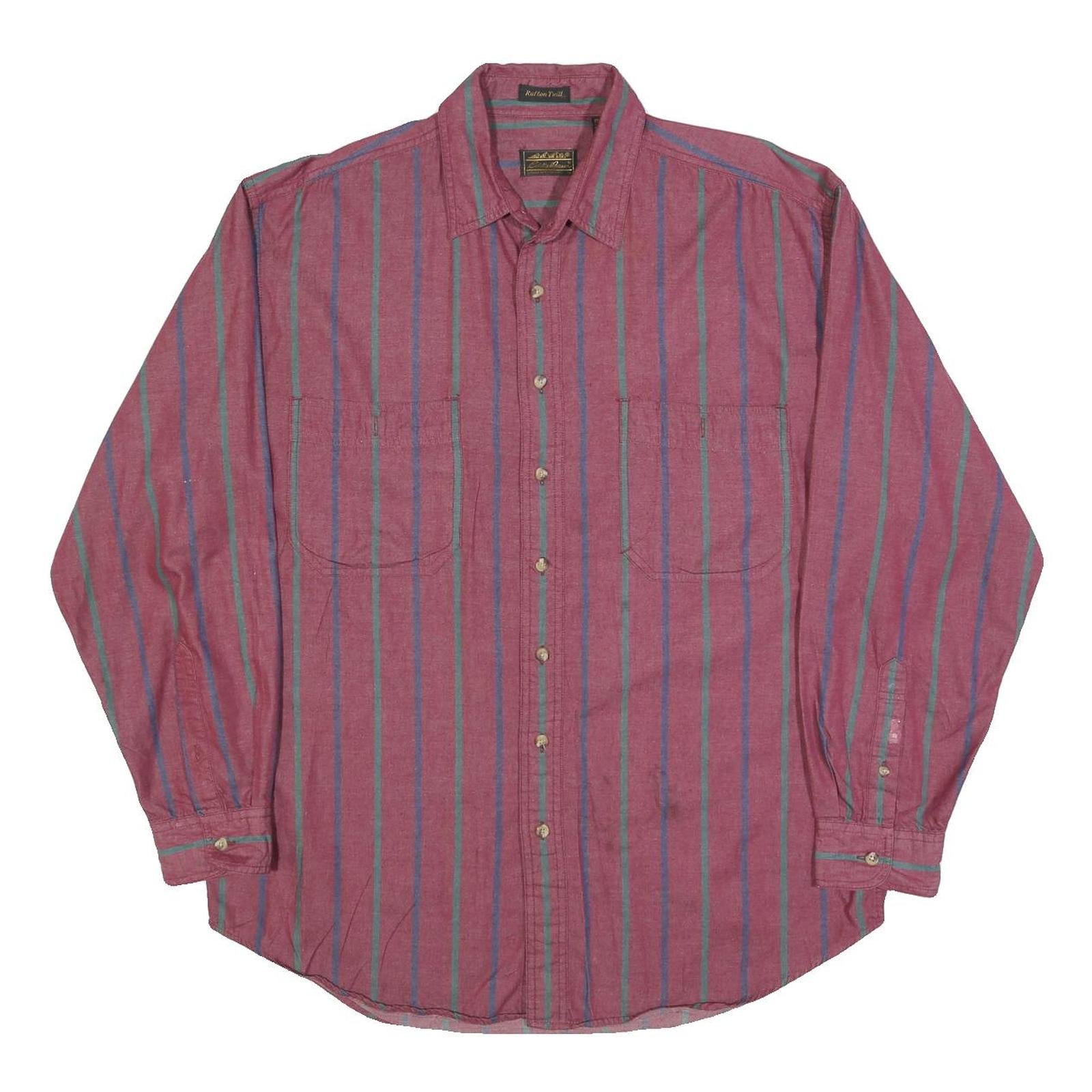EDDIE BAUER Mens Red Green & Blue Stripe Cotton Blend Shirt L Casual Long Sleeve