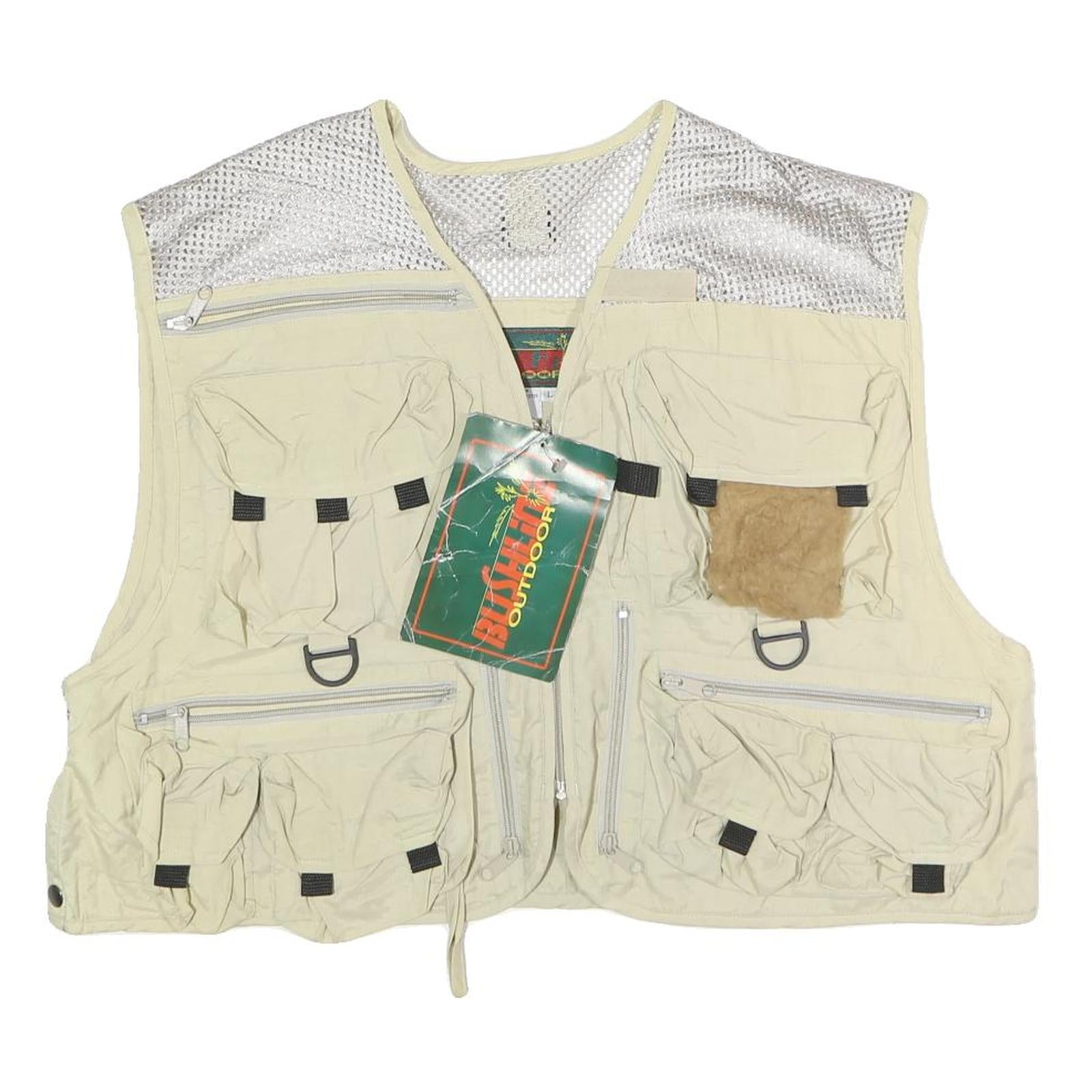BUSHLINE OUTDOOR Mens Beige Nylon Multiple Pocket Fishing Vest L Utility Zip