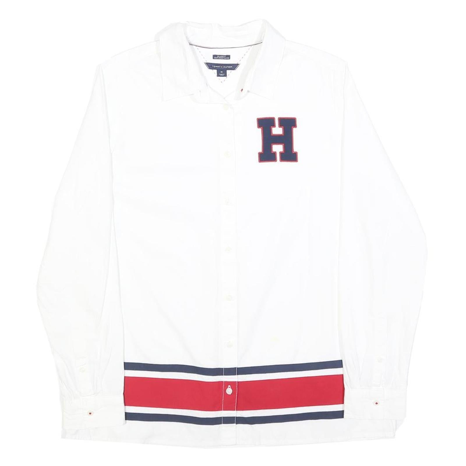 TOMMY HILFIGER Womens White Red & Navy H Logo Cotton Shirt M Long Sleeve Button