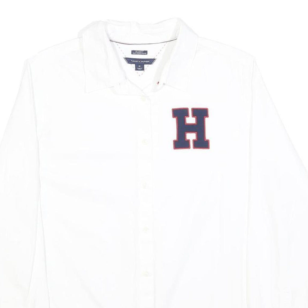 TOMMY HILFIGER Womens White Red & Navy H Logo Cotton Shirt M Long Sleeve Button