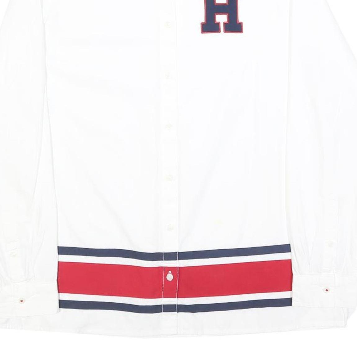 TOMMY HILFIGER Womens White Red & Navy H Logo Cotton Shirt M Long Sleeve Button