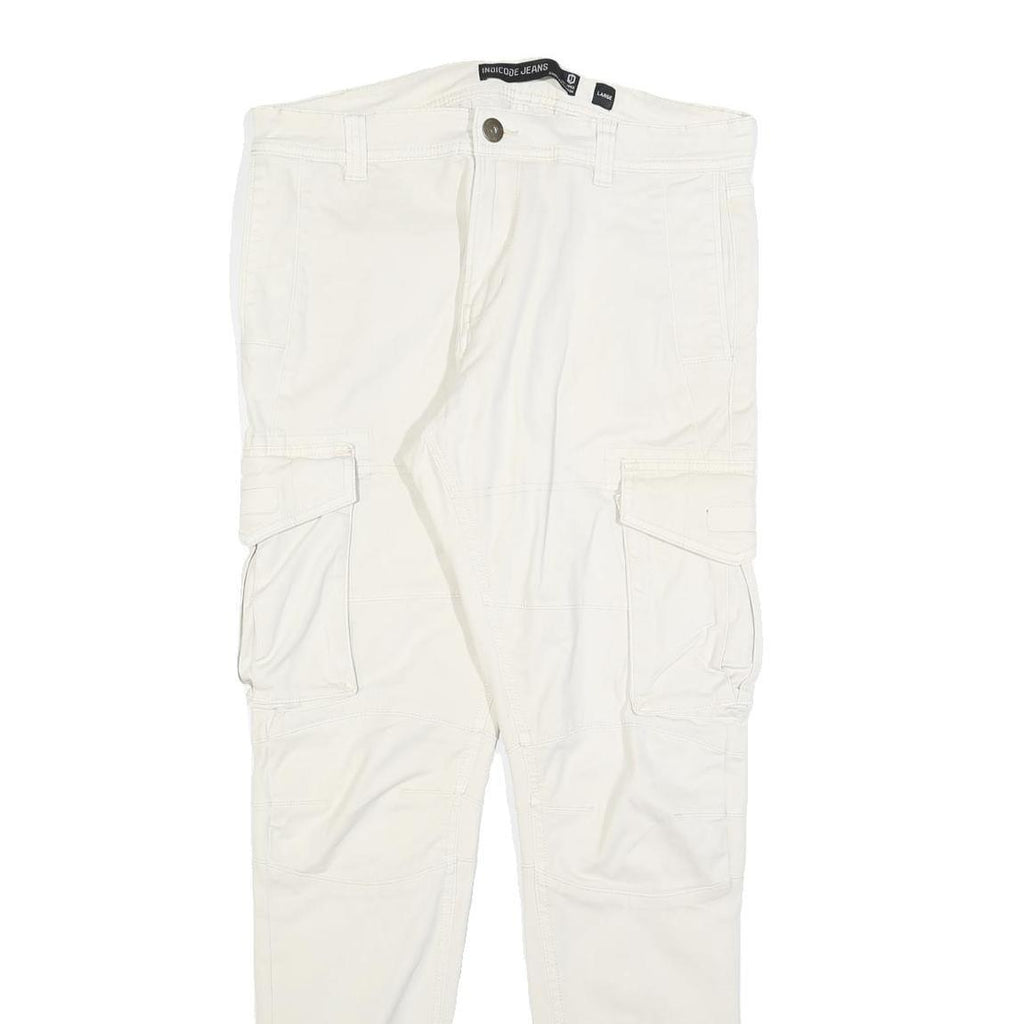 INDICODE Mens Slim White Cotton Blend Cargo Trousers W34 L32 Zip Closure