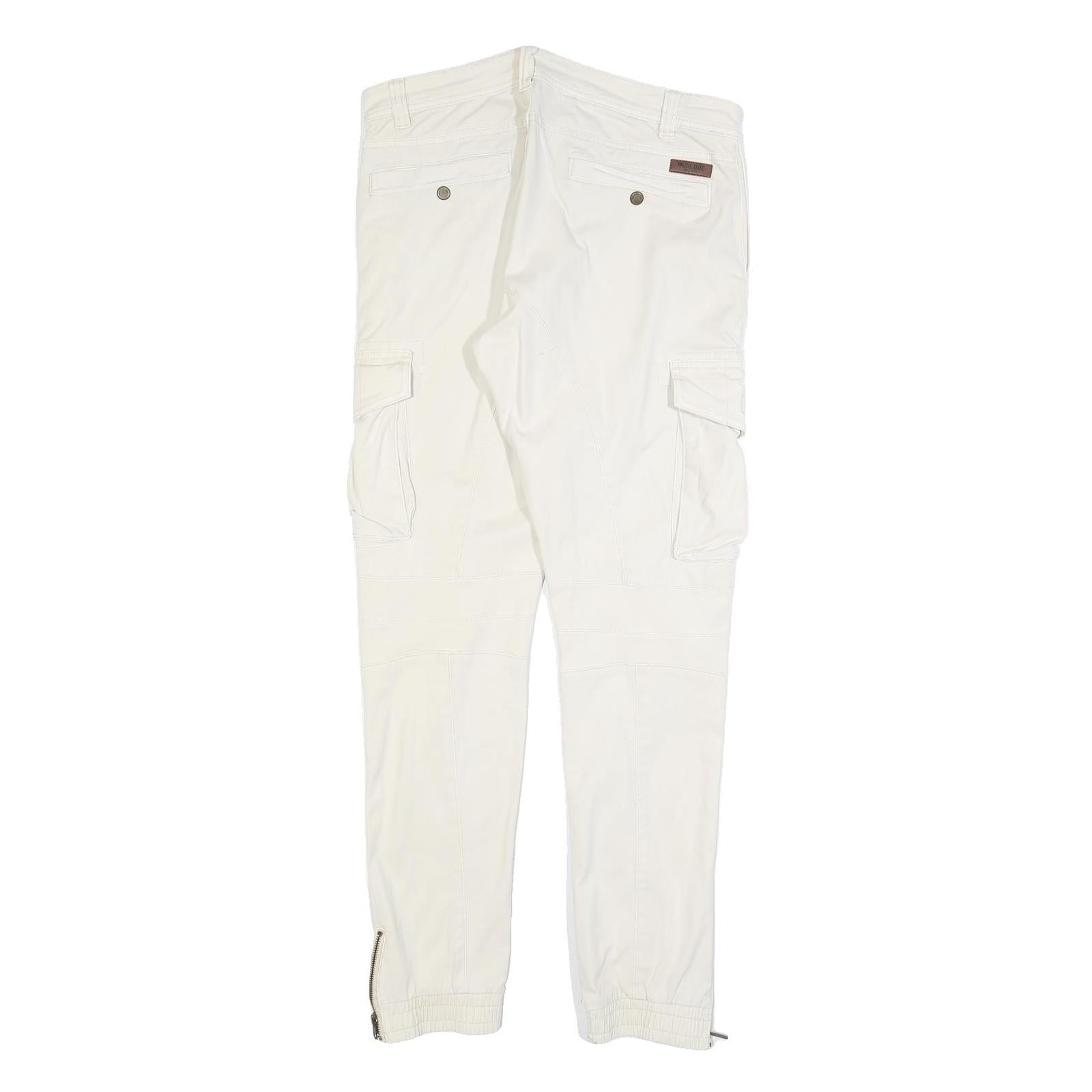 INDICODE Mens Slim White Cotton Blend Cargo Trousers W34 L32 Zip Closure