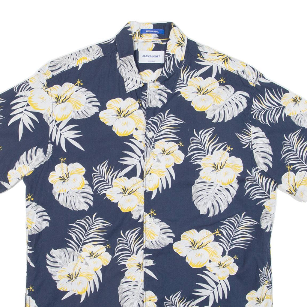 JACK & JONES Mens Hawaiian Shirt Blue Floral S