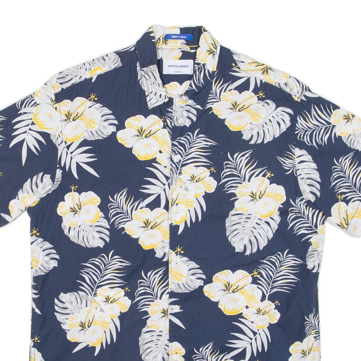 JACK & JONES Mens Hawaiian Shirt Blue Floral S