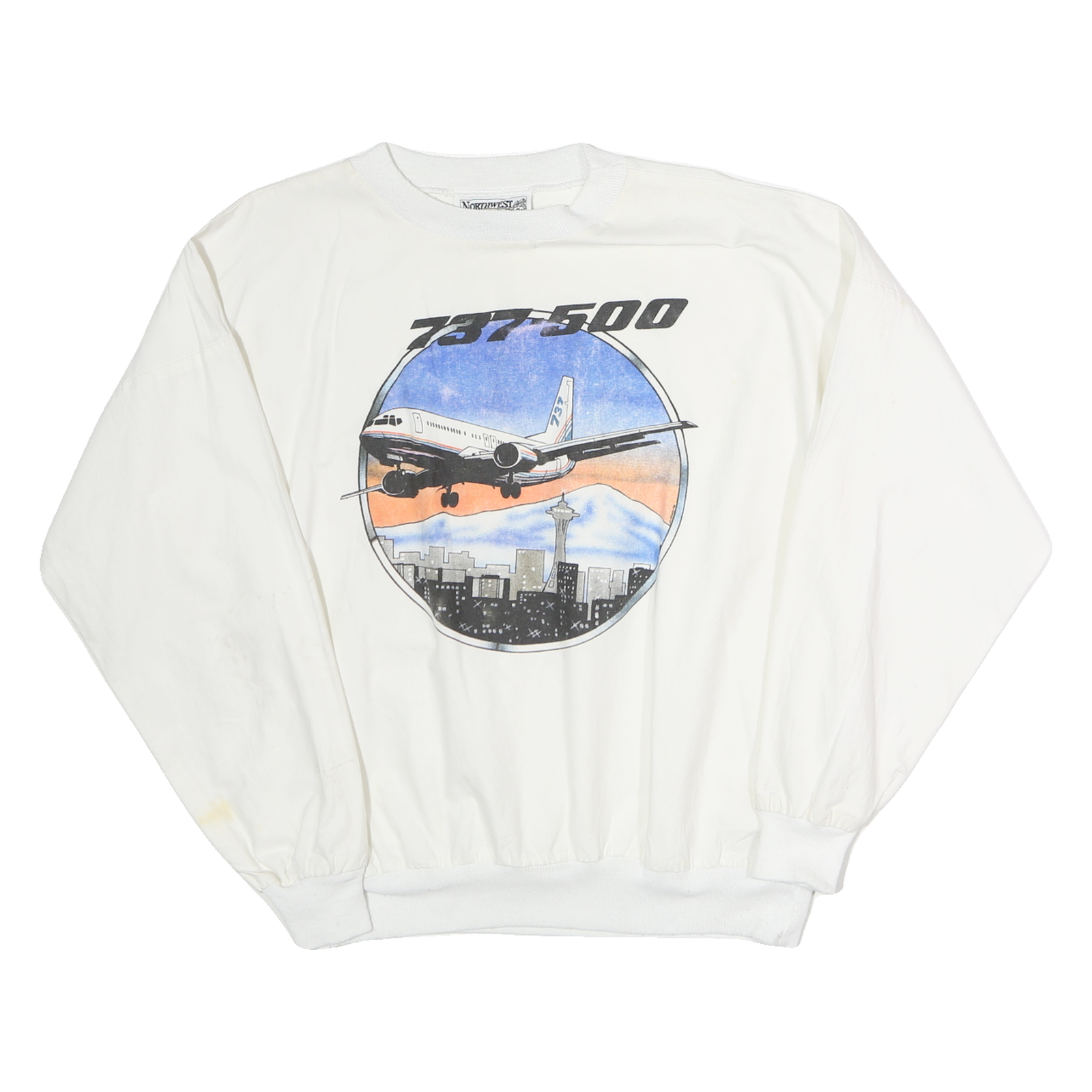 NORTHWEST KNITTING MILLS Mens White Cotton Crew Neck L 737-500 Airplane Print