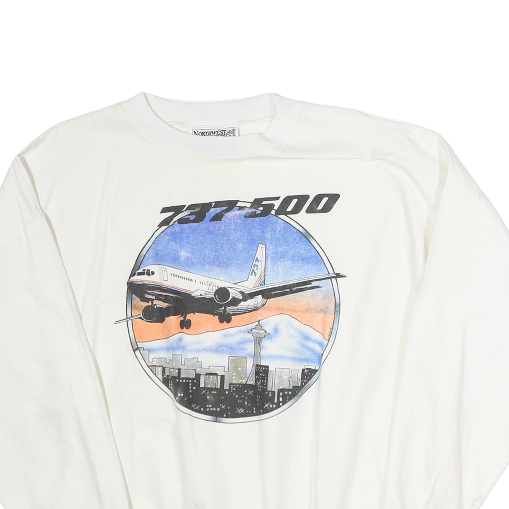 NORTHWEST KNITTING MILLS Mens White Cotton Crew Neck L 737-500 Airplane Print