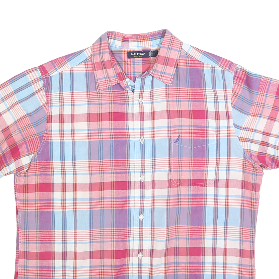 NAUTICA Mens Pink & Blue Check Shirt L Cotton Blend Short Sleeve Casual