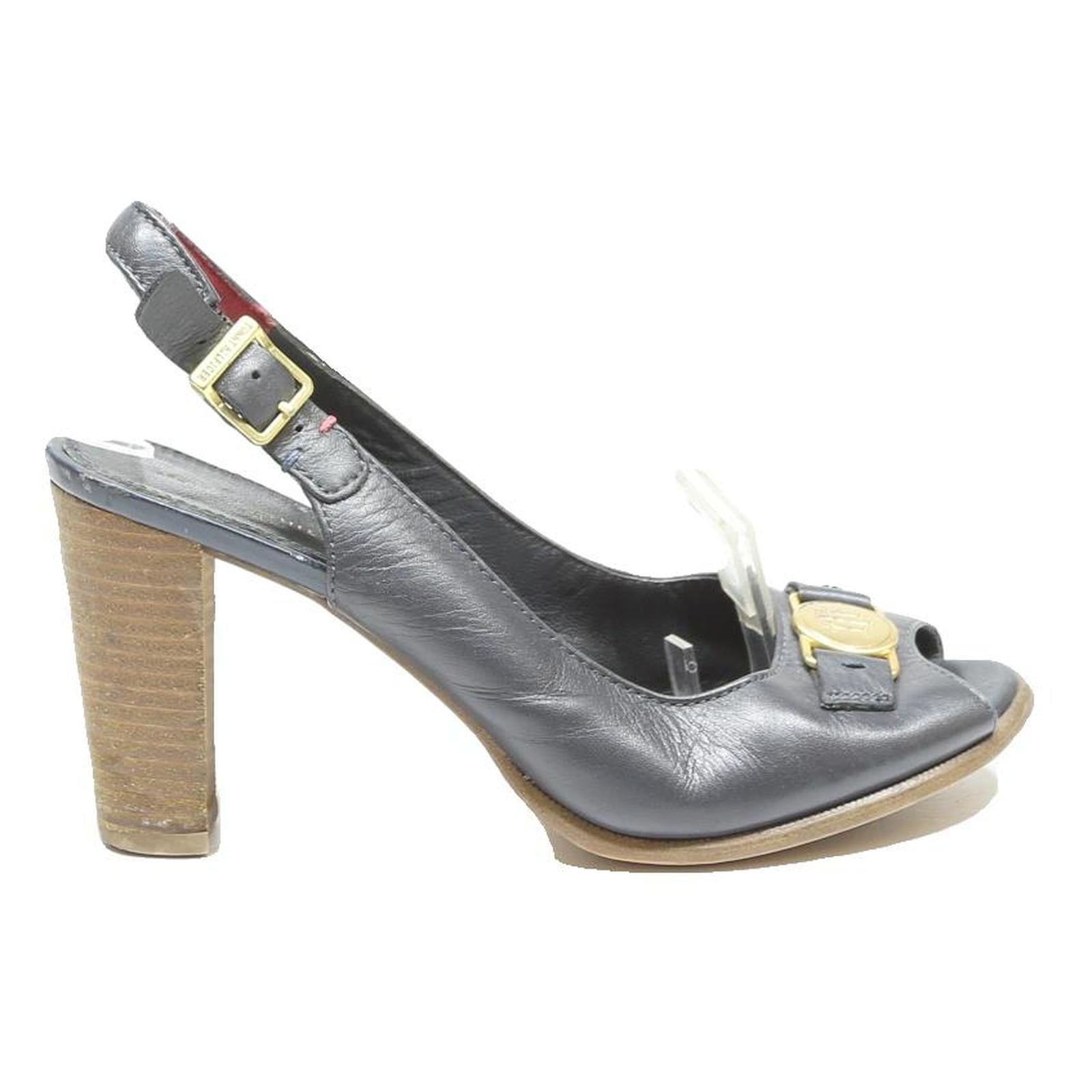 TOMMY HILFIGER Womens Leather Strappy Slingback Black UK 5 Buckle Detail Heels