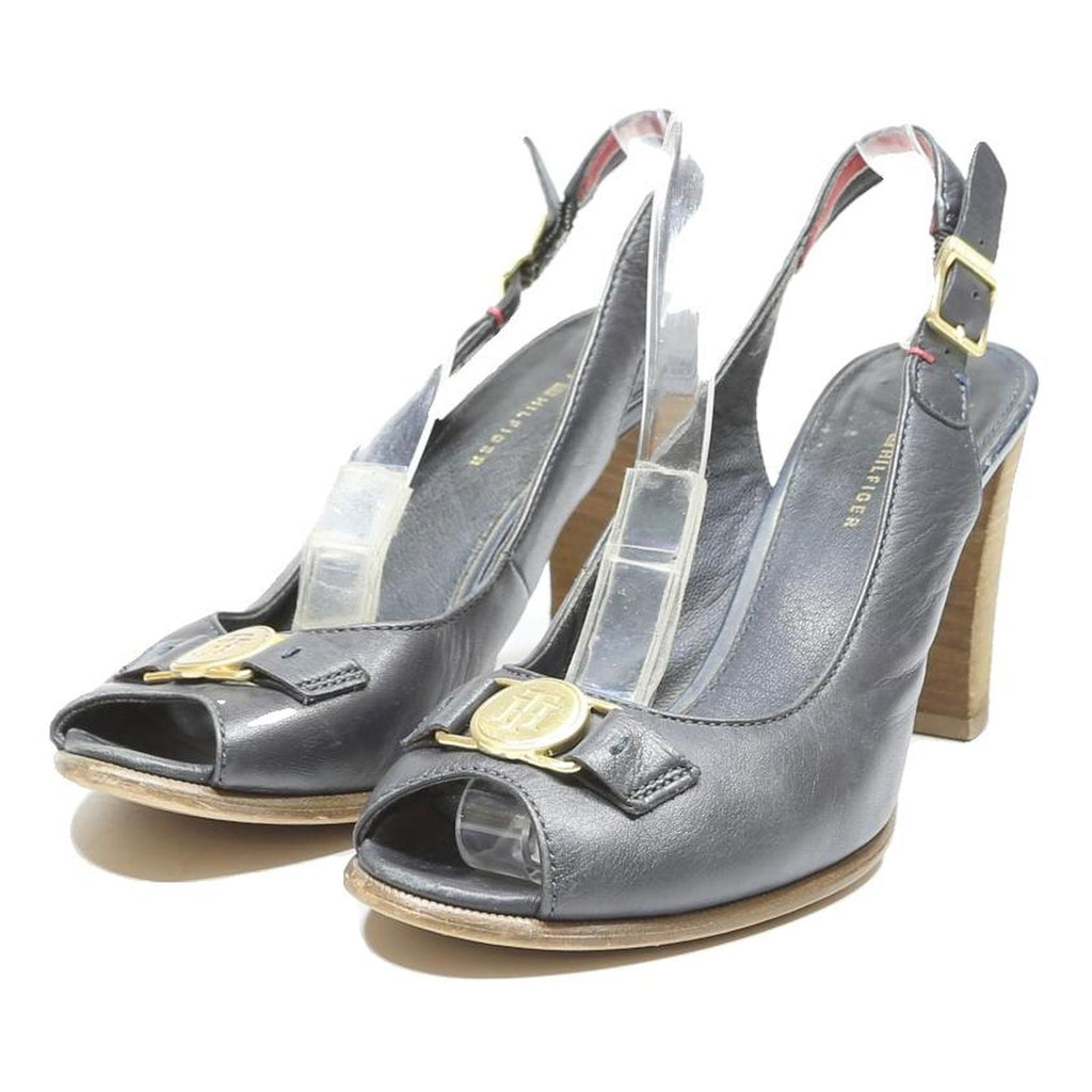 TOMMY HILFIGER Womens Leather Strappy Slingback Black UK 5 Buckle Detail Heels