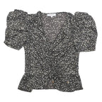 MORGAN Womens Y2K Black Printed Puff Sleeve V-Neck Top M Floral Pattern
