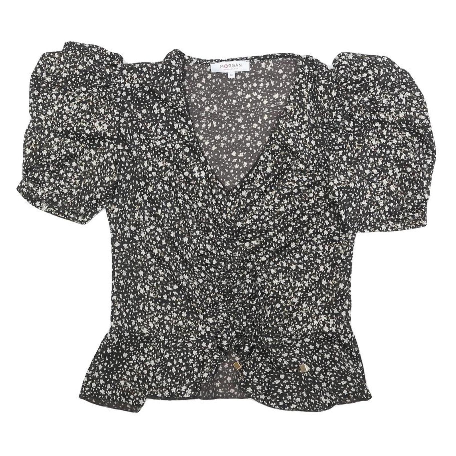 MORGAN Womens Y2K Black Printed Puff Sleeve V-Neck Top M Floral Pattern
