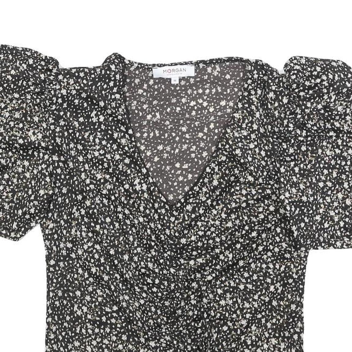MORGAN Womens Y2K Black Printed Puff Sleeve V-Neck Top M Floral Pattern