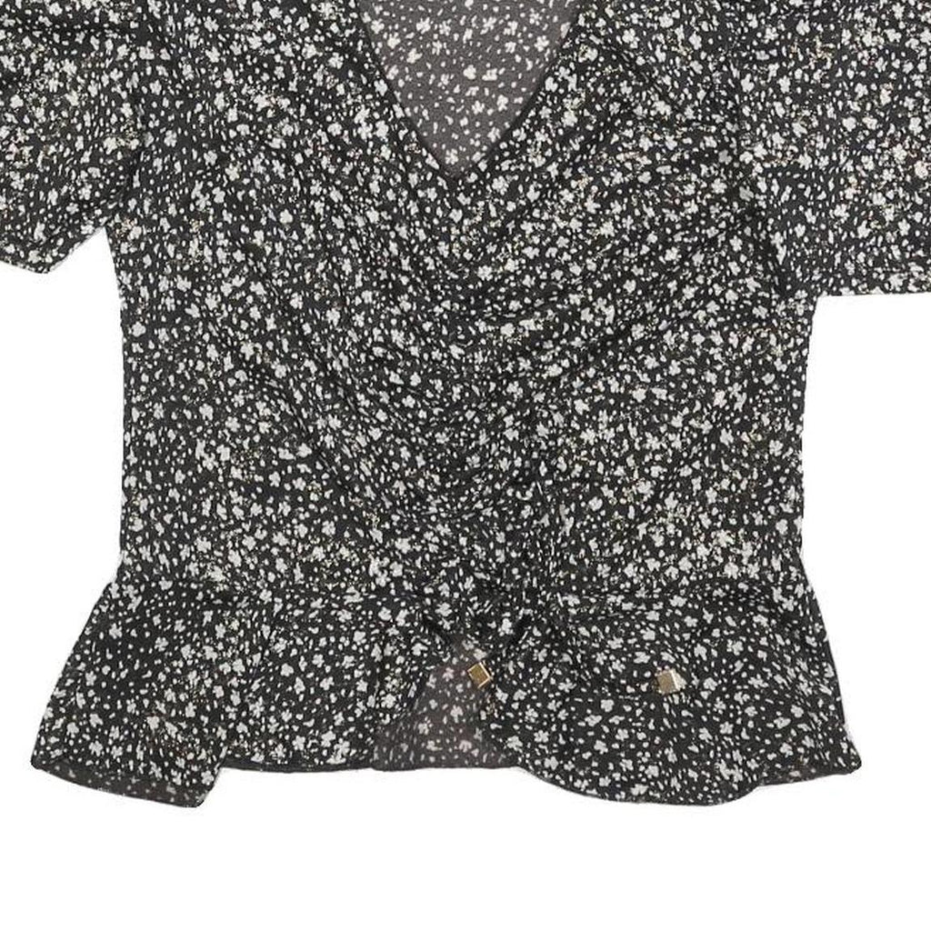MORGAN Womens Y2K Black Printed Puff Sleeve V-Neck Top M Floral Pattern